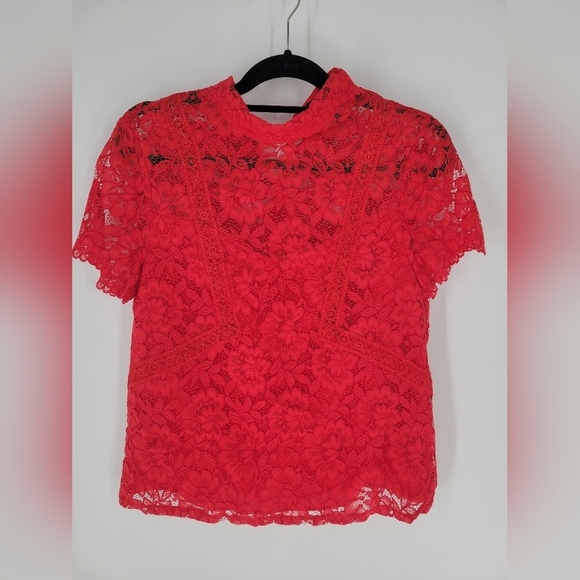 Laundry Lace Red Blouse Size S Short Sleeves - Picture 1 of 7